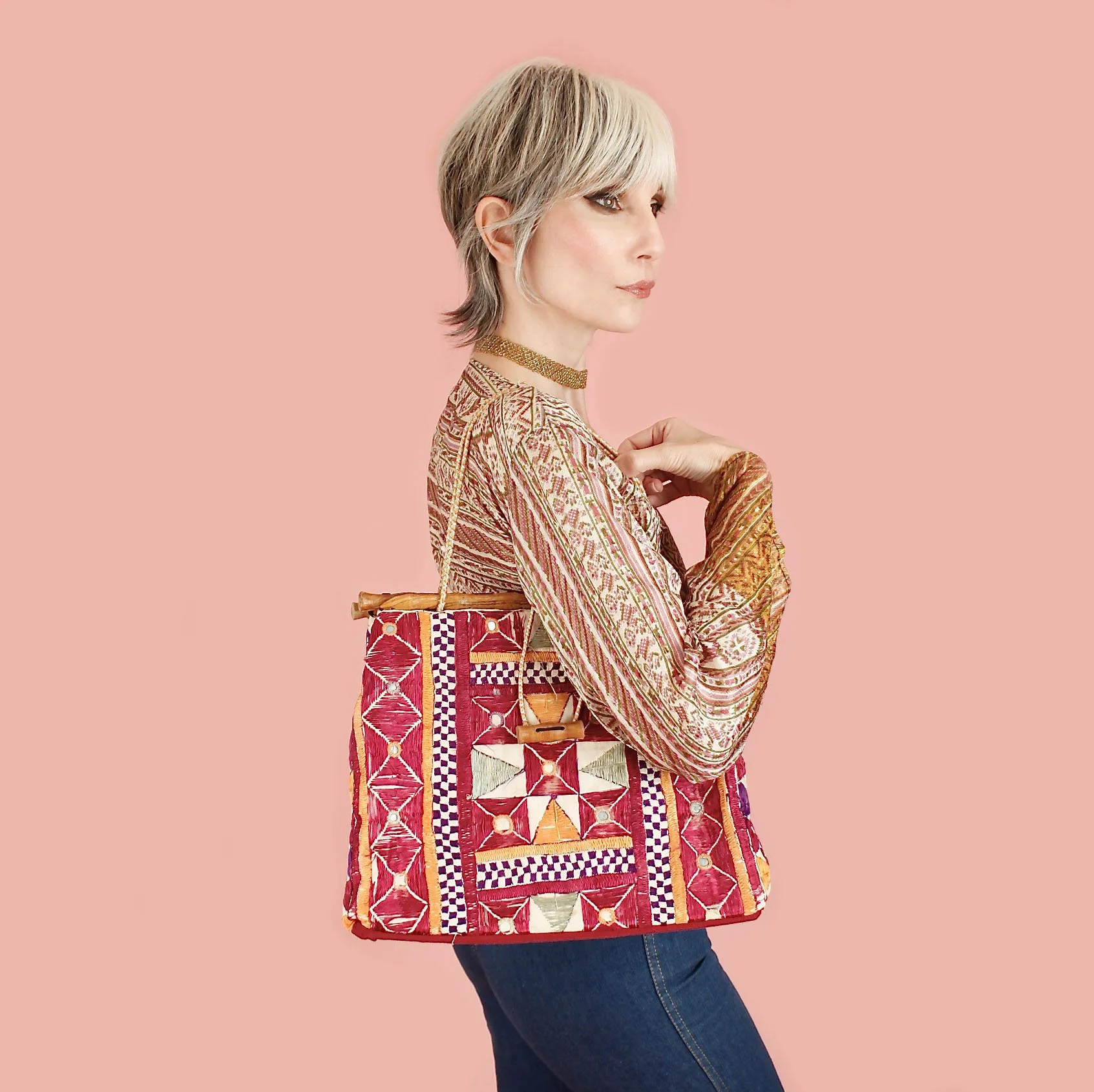 Vintage Embroidered Mirror Work Bamboo Handbag // Circa 1960s-70s